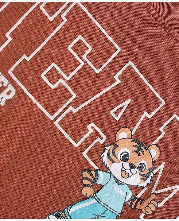 Babyhug 100% Cotton Knit T-Shirt with Full Sleeves and Tiger Print - Rust Orange