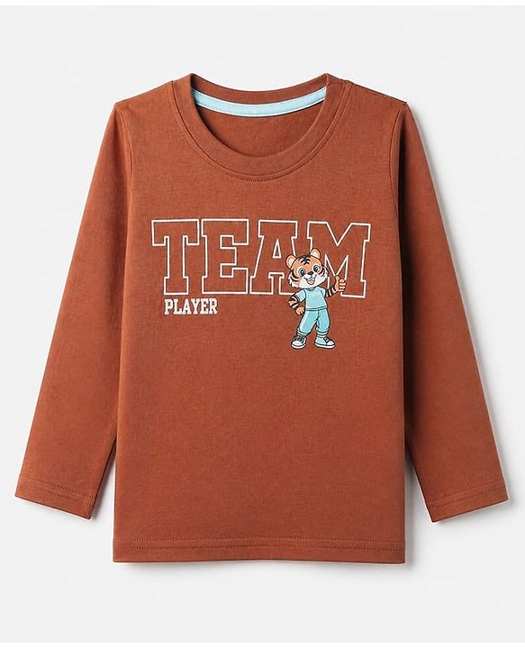 Babyhug 100% Cotton Knit T-Shirt with Full Sleeves and Tiger Print - Rust Orange