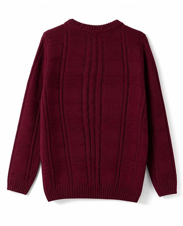 Pine Kids Knit Full Sleeves Solid Colour Pullover with Checkered Cable Knit Design - Wine