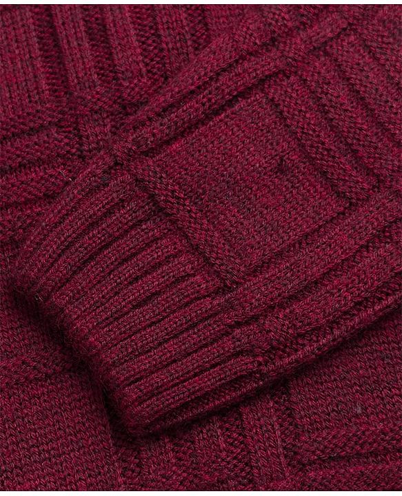 Pine Kids Knit Full Sleeves Solid Colour Pullover with Checkered Cable Knit Design - Wine