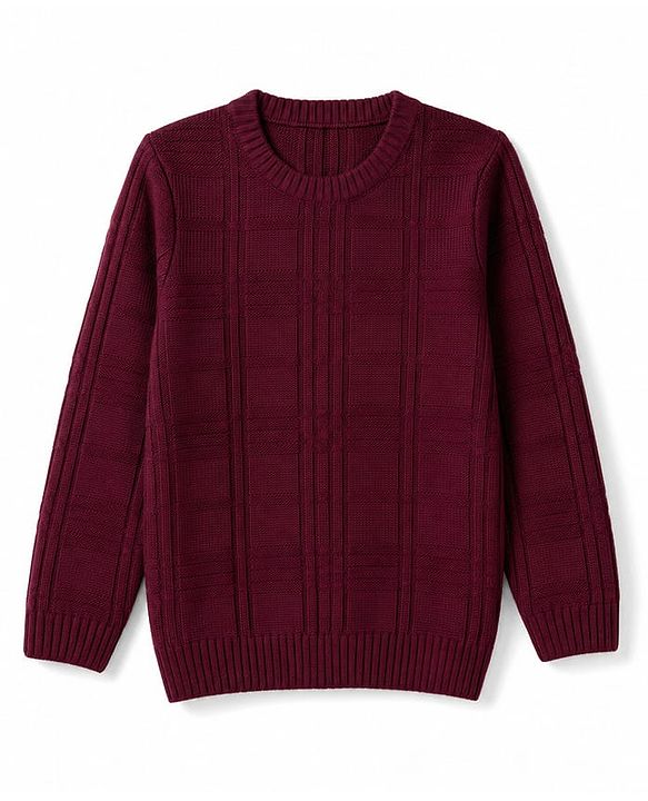 Pine Kids Knit Full Sleeves Solid Colour Pullover with Checkered Cable Knit Design - Wine