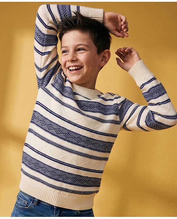Pine Kids Knit Full Sleeves Striped Pullover - Offwhite