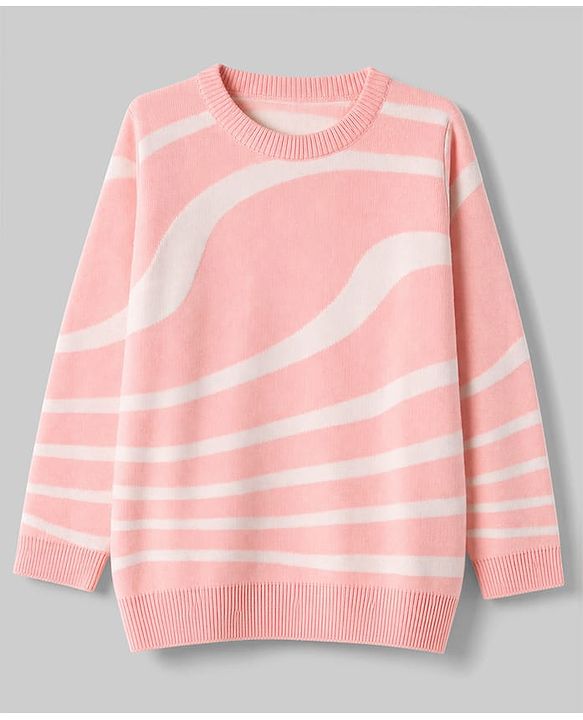 Pine Kids Knit Full Sleeves Abstract Waves Printed Pullover - Pink