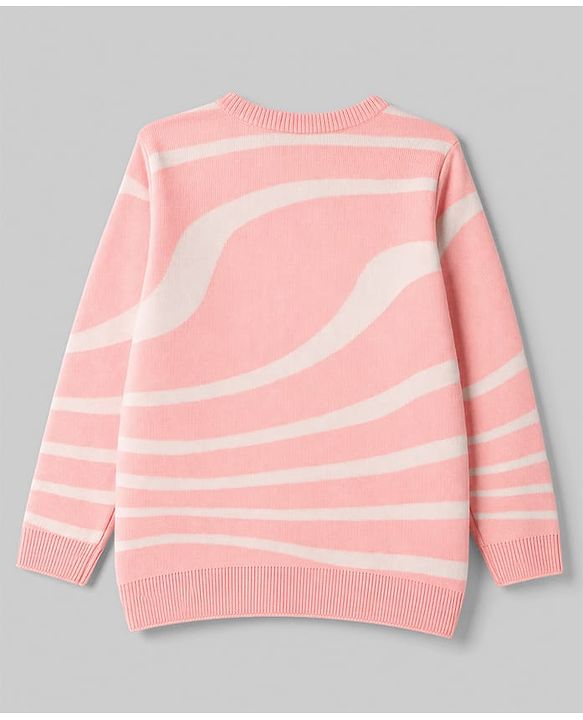 Pine Kids Knit Full Sleeves Abstract Waves Printed Pullover - Pink