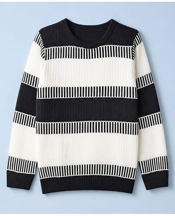 Pine Kids Knit Full Sleeves Striped Pullover - Black & White