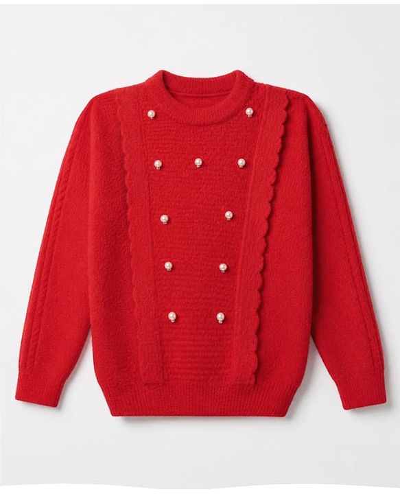 Pine Kids Pullover with Full Sleeves and Beads Applique in Red