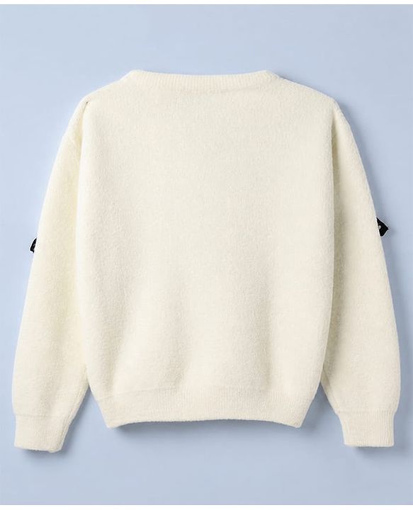 Pine Kids Knit Pullover with Full Sleeves and Bows Applique in Offwhite for 4-5 Years