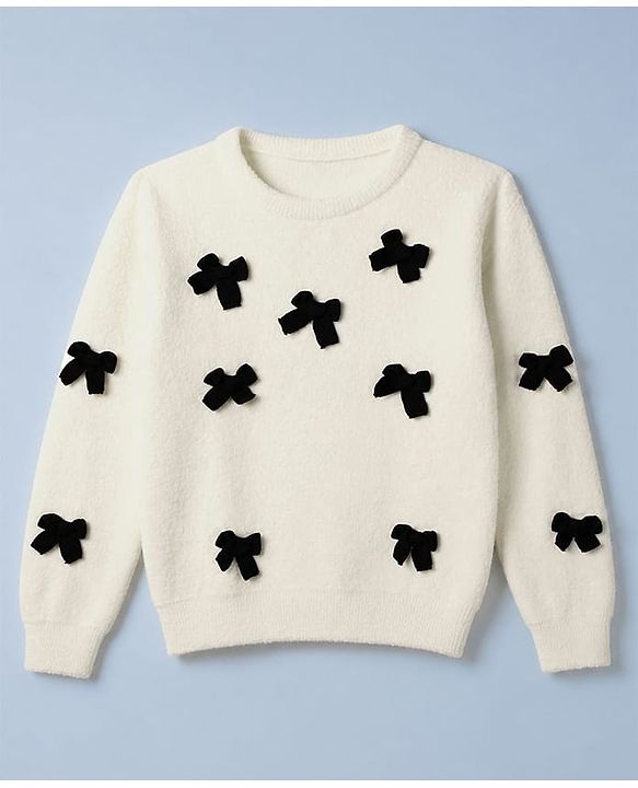 Pine Kids Knit Pullover with Full Sleeves and Bows Applique in Offwhite for 4-5 Years