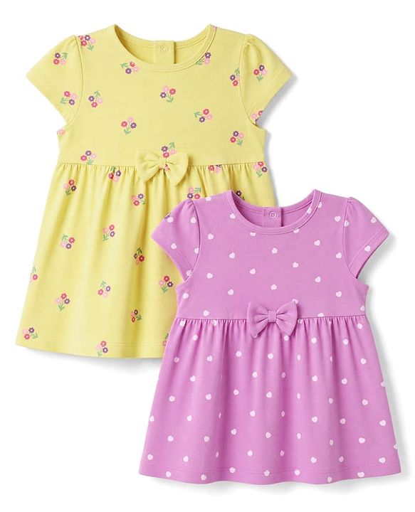 Babyhug Single Jersey Knit Half Sleeves Frocks with Floral & Hearts Print & Bow Applique Pack of 2 - Yellow & Pink