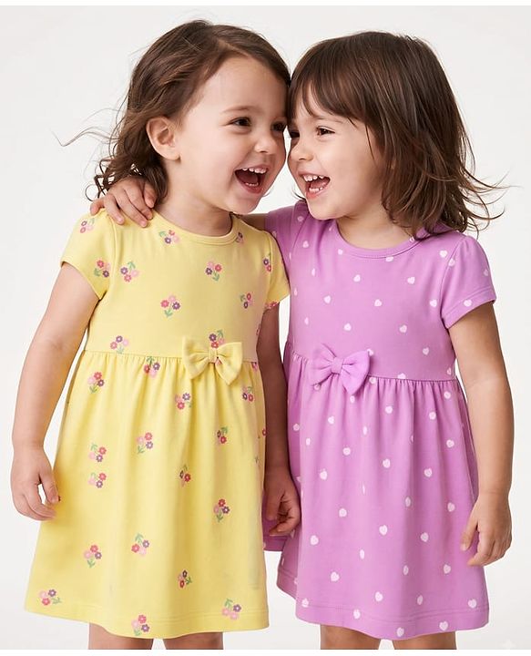 Babyhug Single Jersey Knit Half Sleeves Frocks with Floral & Hearts Print & Bow Applique Pack of 2 - Yellow & Pink
