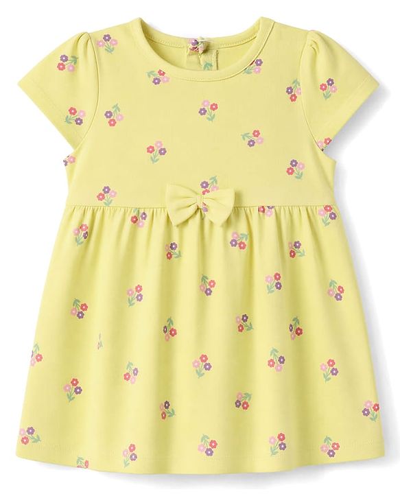 Babyhug Single Jersey Knit Half Sleeves Frocks with Floral & Hearts Print & Bow Applique Pack of 2 - Yellow & Pink