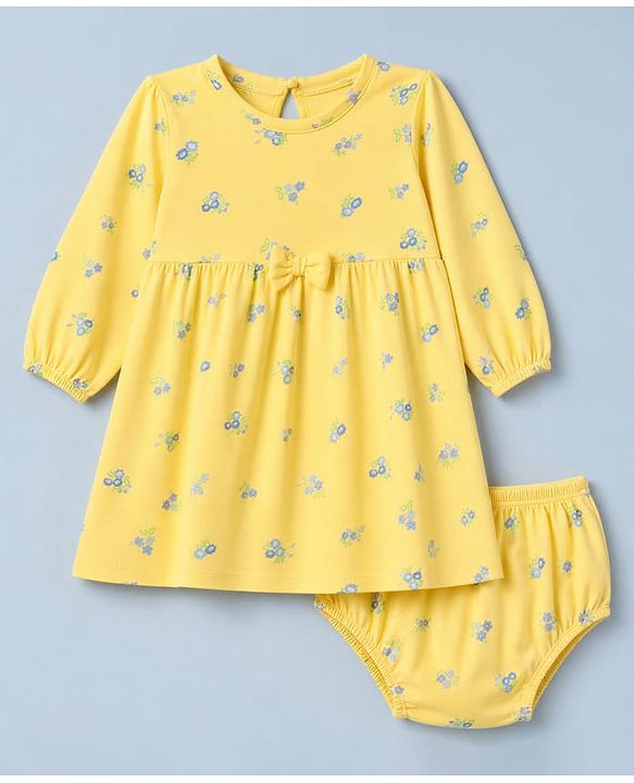 Babyhug Cotton Interlock Knit Frock and Bloomer with Full Sleeves and Floral Print - Yellow