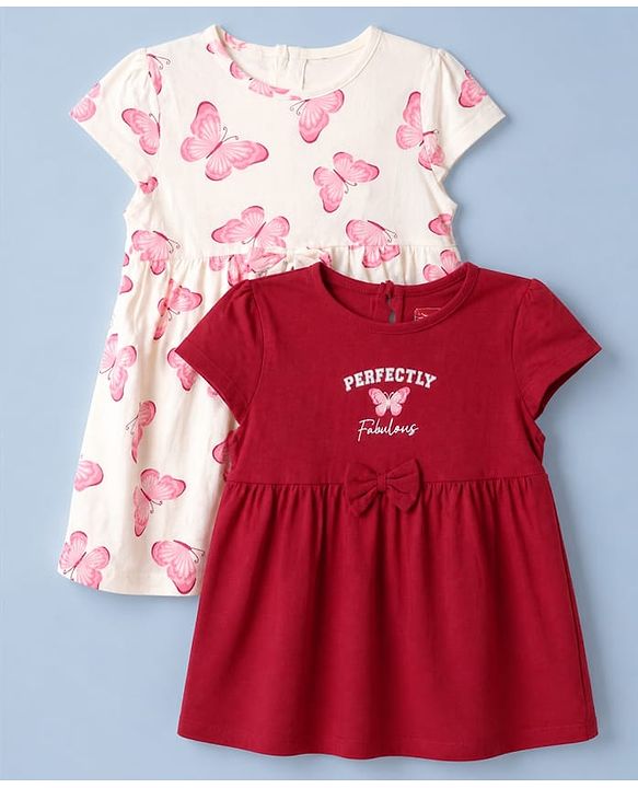 Babyhug Single Jersey Knit Frocks with Half Sleeves and Butterfly Print in Red & White Pack of 2