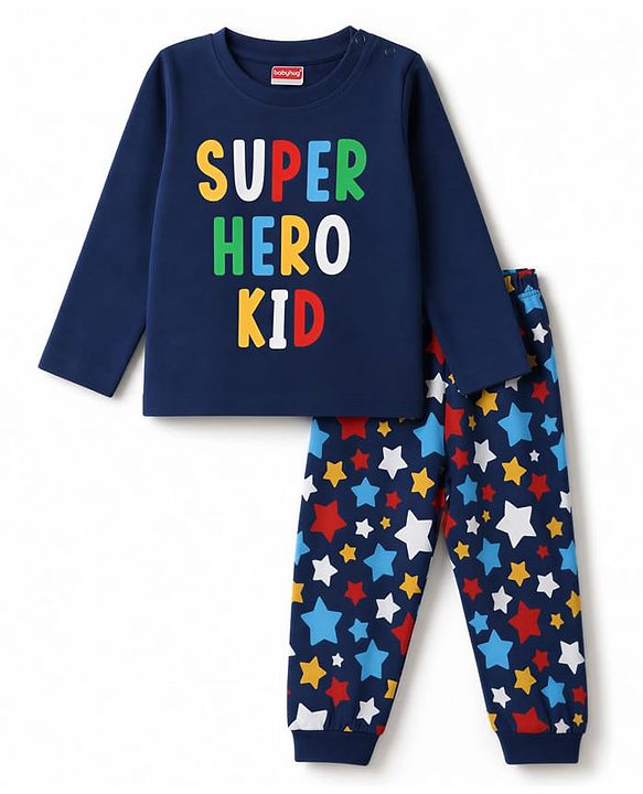 Babyhug 100% Cotton Knit Full Sleeves T-Shirts & Pyjama Night Suit With Heart & Text Print - Navy Blue