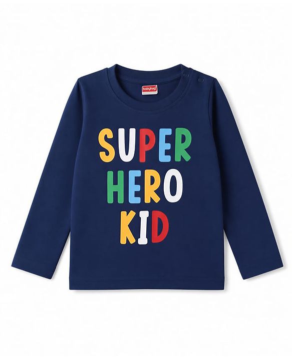 Babyhug 100% Cotton Knit Full Sleeves T-Shirts & Pyjama Night Suit With Heart & Text Print - Navy Blue