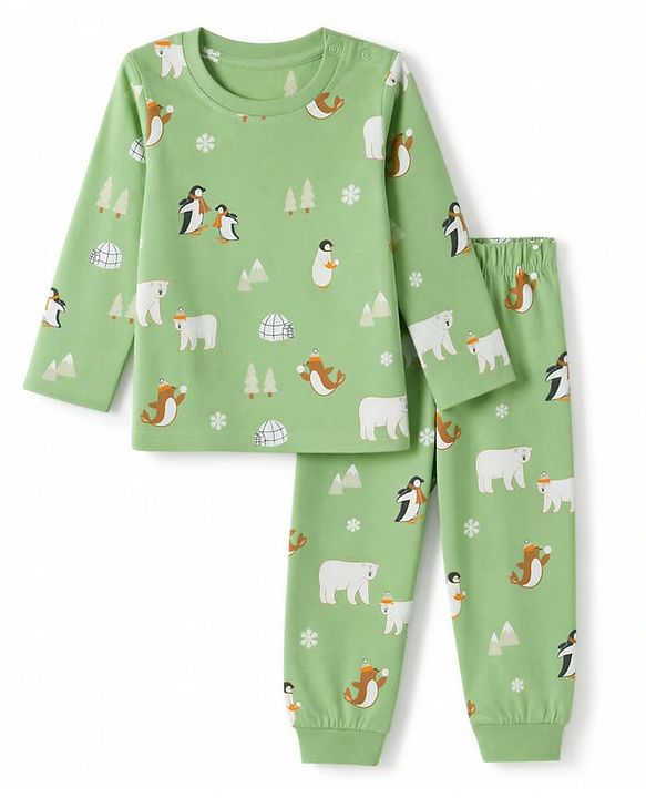Babyhug 100% Cotton Knit Full Sleeves Co-Ords T-Shirt & Pyjama Nightsuit with Animal Print - Green