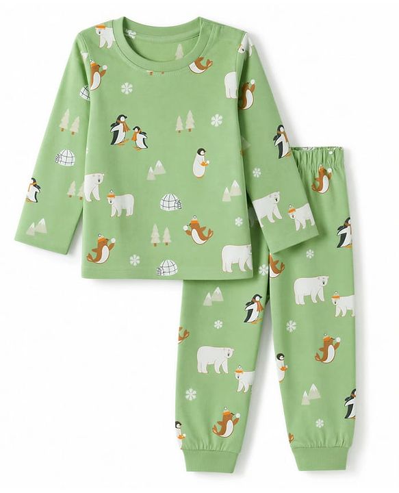 Babyhug 100% Cotton Knit Full Sleeves Co-Ords T-Shirt & Pyjama Nightsuit with Animal Print - Green