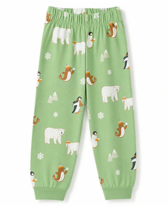 Babyhug 100% Cotton Knit Full Sleeves Co-Ords T-Shirt & Pyjama Nightsuit with Animal Print - Green