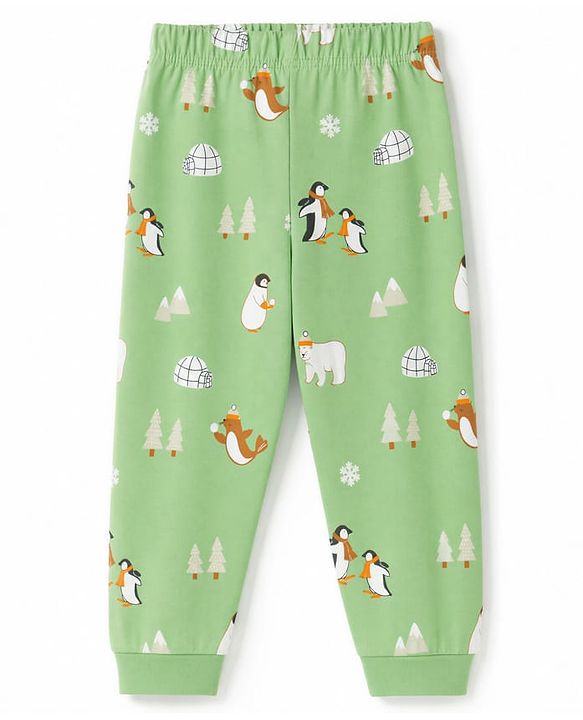 Babyhug 100% Cotton Knit Full Sleeves Co-Ords T-Shirt & Pyjama Nightsuit with Animal Print - Green