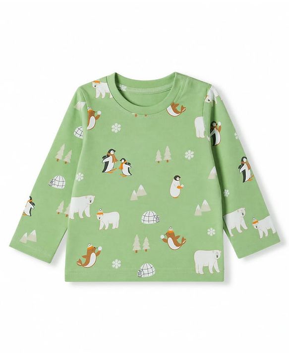 Babyhug 100% Cotton Knit Full Sleeves Co-Ords T-Shirt & Pyjama Nightsuit with Animal Print - Green