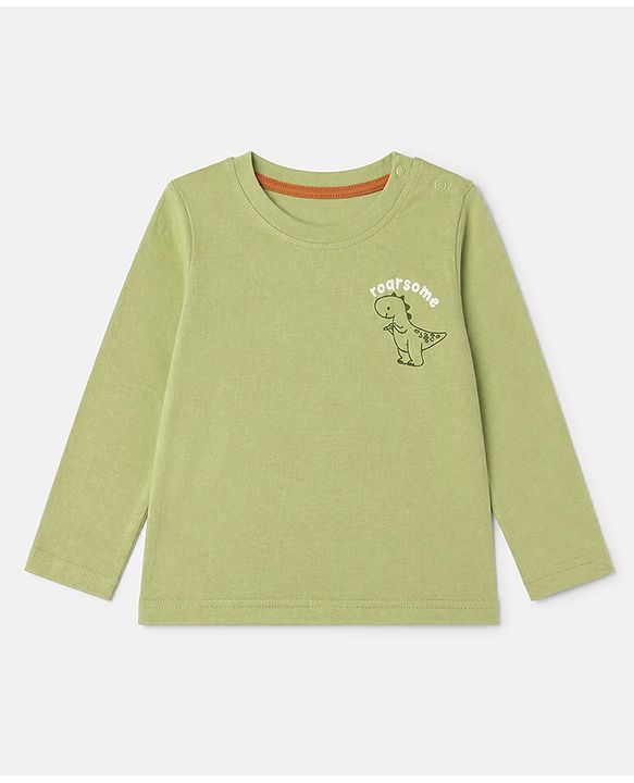 Babyhug 100% Cotton Knit Full Sleeves Striped T-Shirts with Roarsome Dinosaur & Ding Buddies Text Print Pack of 3 - Light Green Off White Yellow