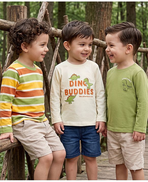 Babyhug 100% Cotton Knit Full Sleeves Striped T-Shirts with Roarsome Dinosaur & Ding Buddies Text Print Pack of 3 - Light Green Off White Yellow