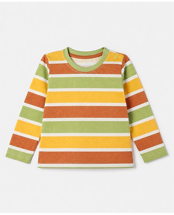 Babyhug 100% Cotton Knit Full Sleeves Striped T-Shirts with Roarsome Dinosaur & Ding Buddies Text Print Pack of 3 - Light Green Off White Yellow