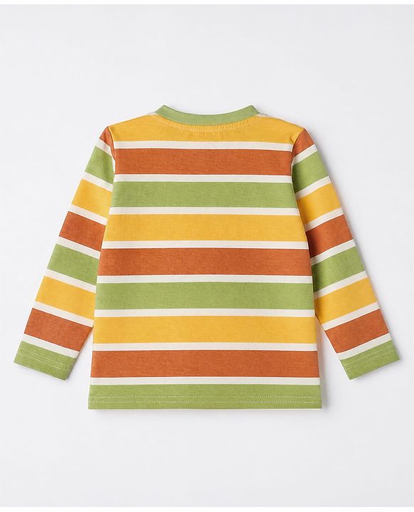 Babyhug 100% Cotton Knit Full Sleeves Striped T-Shirts with Roarsome Dinosaur & Ding Buddies Text Print Pack of 3 - Light Green Off White Yellow
