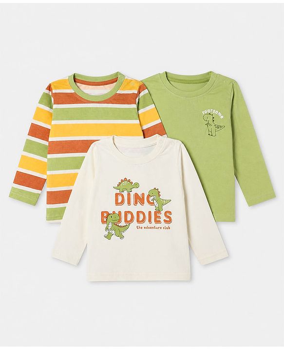 Babyhug 100% Cotton Knit Full Sleeves Striped T-Shirts with Roarsome Dinosaur & Ding Buddies Text Print Pack of 3 - Light Green Off White Yellow