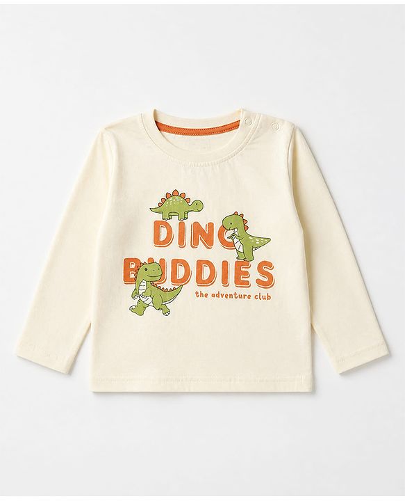 Babyhug 100% Cotton Knit Full Sleeves Striped T-Shirts with Roarsome Dinosaur & Ding Buddies Text Print Pack of 3 - Light Green Off White Yellow