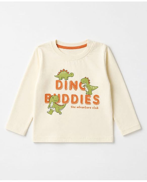 Babyhug 100% Cotton Knit Full Sleeves Striped T-Shirts with Roarsome Dinosaur & Ding Buddies Text Print Pack of 3 - Light Green Off White Yellow