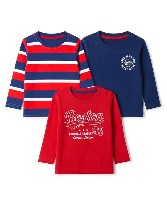 Babyhug 100% Cotton Knit Full Sleeves Striped T-Shirts with Boston Print Pack of 3 - Red Navy Blue