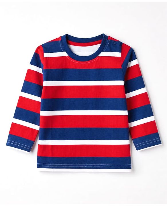 Babyhug 100% Cotton Knit Full Sleeves Striped T-Shirts with Boston Print Pack of 3 - Red Navy Blue