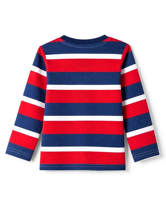 Babyhug 100% Cotton Knit Full Sleeves Striped T-Shirts with Boston Print Pack of 3 - Red Navy Blue
