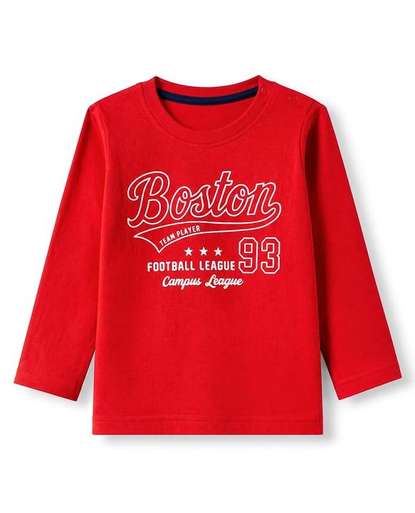 Babyhug 100% Cotton Knit Full Sleeves Striped T-Shirts with Boston Print Pack of 3 - Red Navy Blue