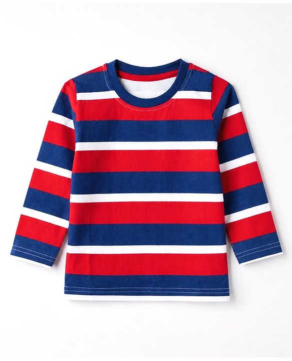Babyhug 100% Cotton Knit Full Sleeves Striped T-Shirts with Boston Print Pack of 3 - Red Navy Blue