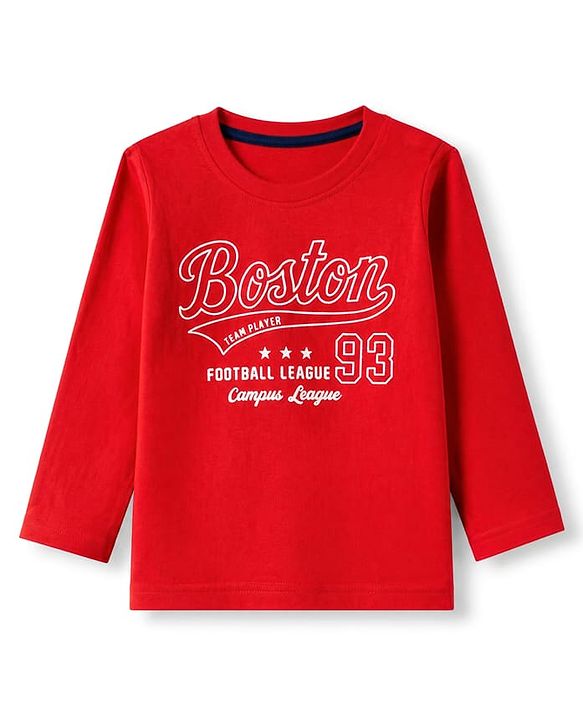 Babyhug 100% Cotton Knit Full Sleeves Striped T-Shirts with Boston Print Pack of 3 - Red Navy Blue