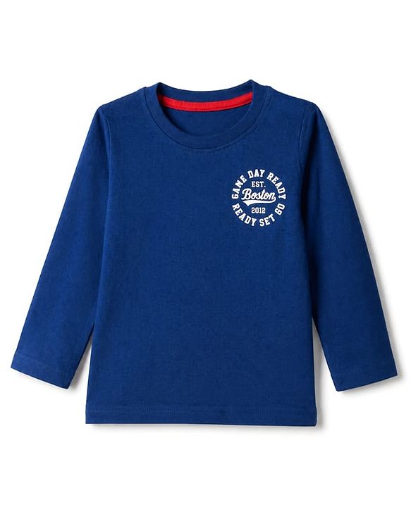 Babyhug 100% Cotton Knit Full Sleeves Striped T-Shirts with Boston Print Pack of 3 - Red Navy Blue