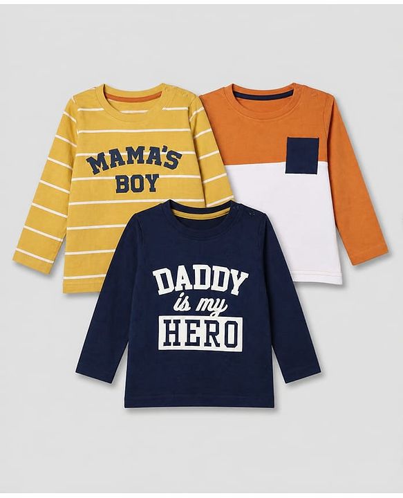 Babyhug 100% Cotton Knit Full Sleeves Tshirts With Daddy Is My Hero Print Pack Of 3 - Navy Blue Mustard & Orange
