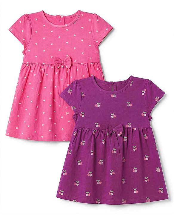 Babyhug Single Jersey Knit Half Sleeves Frock with Heart & Cherry Print - Pink Purple