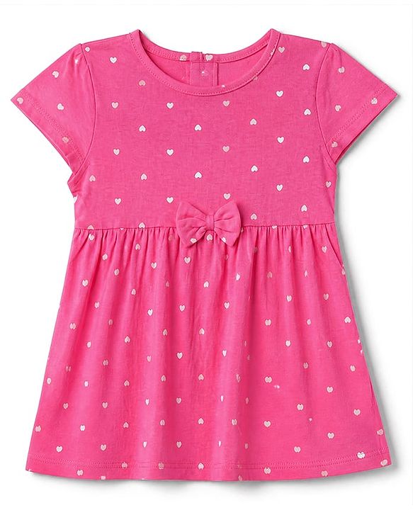 Babyhug Single Jersey Knit Half Sleeves Frock with Heart & Cherry Print - Pink Purple