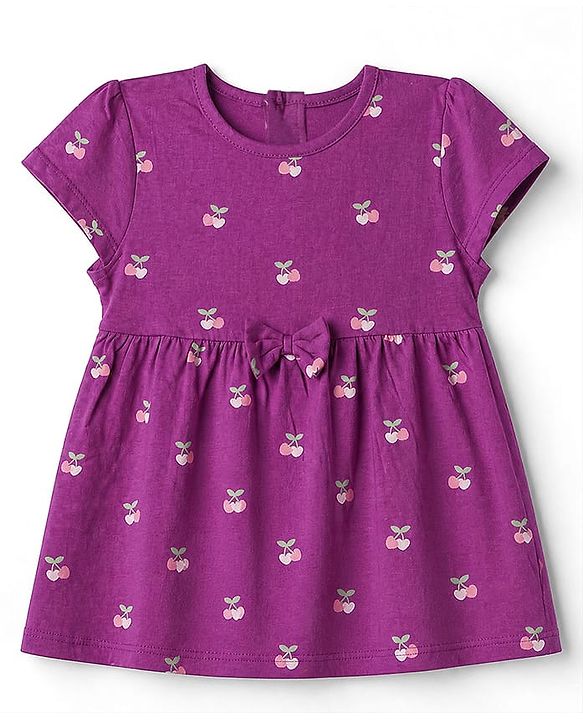 Babyhug Single Jersey Knit Half Sleeves Frock with Heart & Cherry Print - Pink Purple