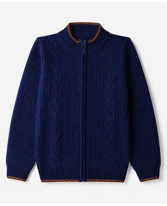 Pine Kids Knit Full Sleeves Front Open Sweater with Cable Knit Design - Blue