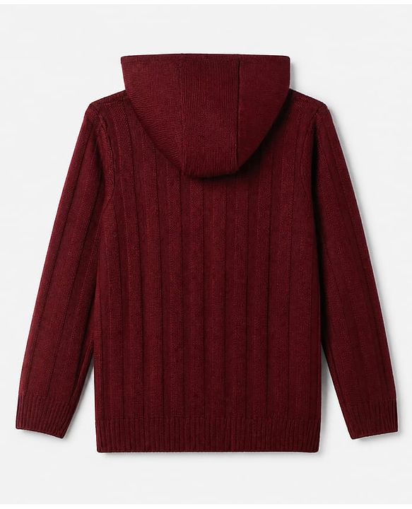 Pine Kids Knit Front Open Full Sleeves Hooded Sweater - Wine