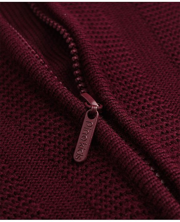 Pine Kids Knit Front Open Full Sleeves Hooded Sweater - Wine