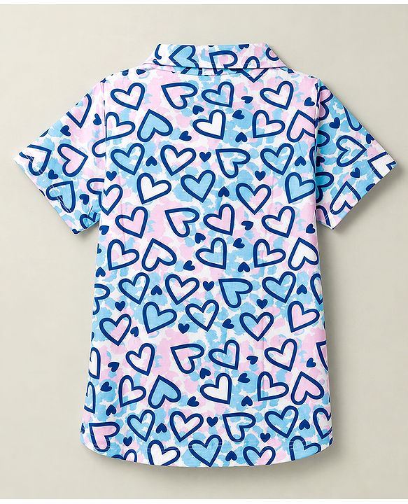 Pine Kids Cotton Knit Half Sleeves Co-Ords Shirt & Pyjama Night Suit with Heart Print - Turquoise