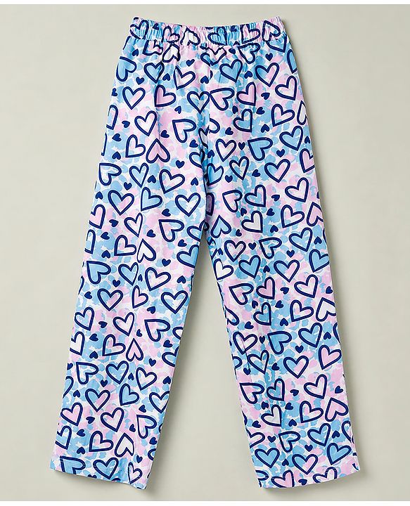 Pine Kids Cotton Knit Half Sleeves Co-Ords Shirt & Pyjama Night Suit with Heart Print - Turquoise