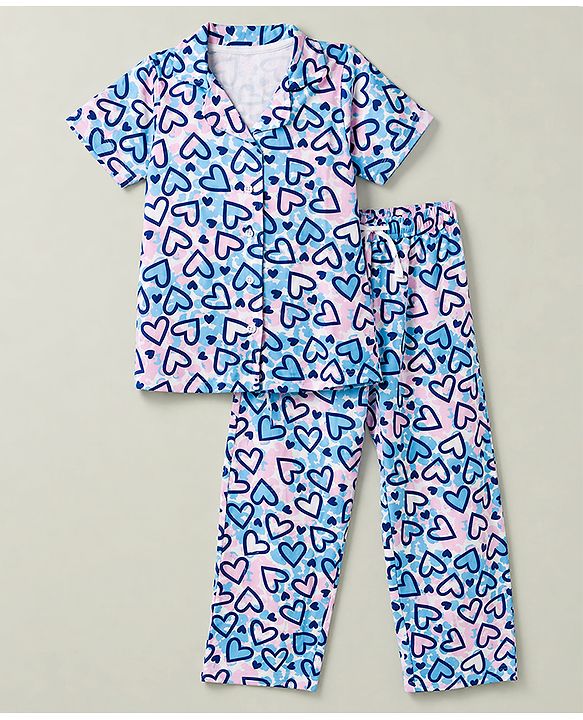 Pine Kids Cotton Knit Half Sleeves Co-Ords Shirt & Pyjama Night Suit with Heart Print - Turquoise