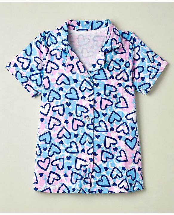 Pine Kids Cotton Knit Half Sleeves Co-Ords Shirt & Pyjama Night Suit with Heart Print - Turquoise