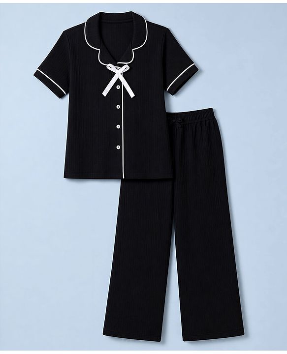 Pine Kids Cotton Knit Half Sleeves Co-Ords Shirt & Pyjama Solid Night Suit with Bow Applique - Black
